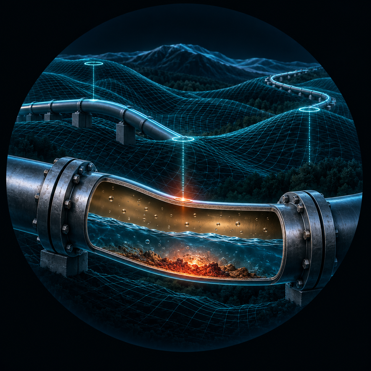 Conceptual QIC Assess illustration: a pipeline over mapped terrain, with a cutaway showing retained water and a highlighted internal-corrosion hazard.